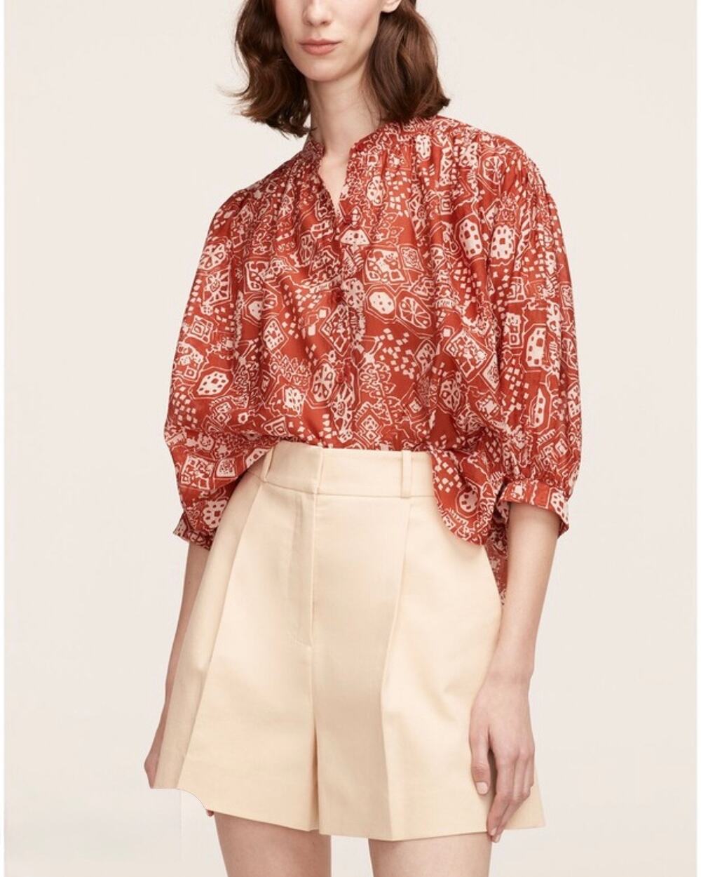 Rebecca Taylor Labyrinth Red White Cotton Voile Geometric Blouse Size L